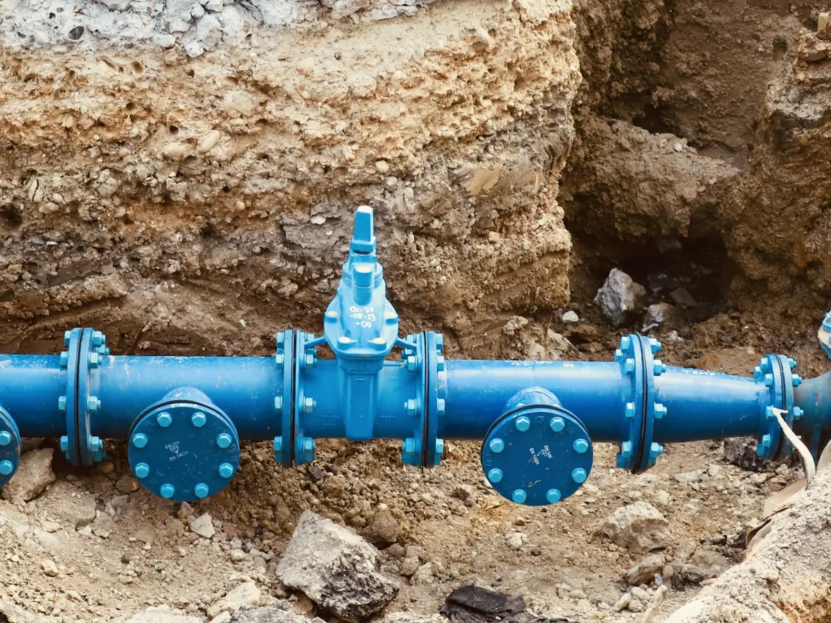 An exposed blue water pipe with valves in an open trench