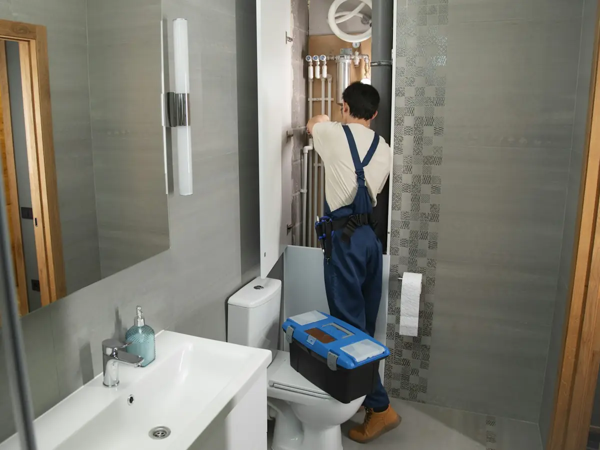 A plumber with a toolbox working on the fixtures in a modern bathroom