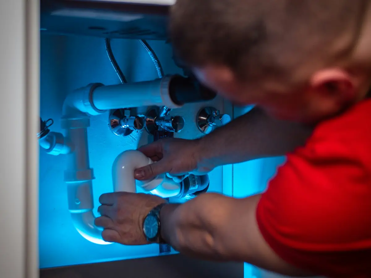 A plumber working on the pipes inside a sink cabinet