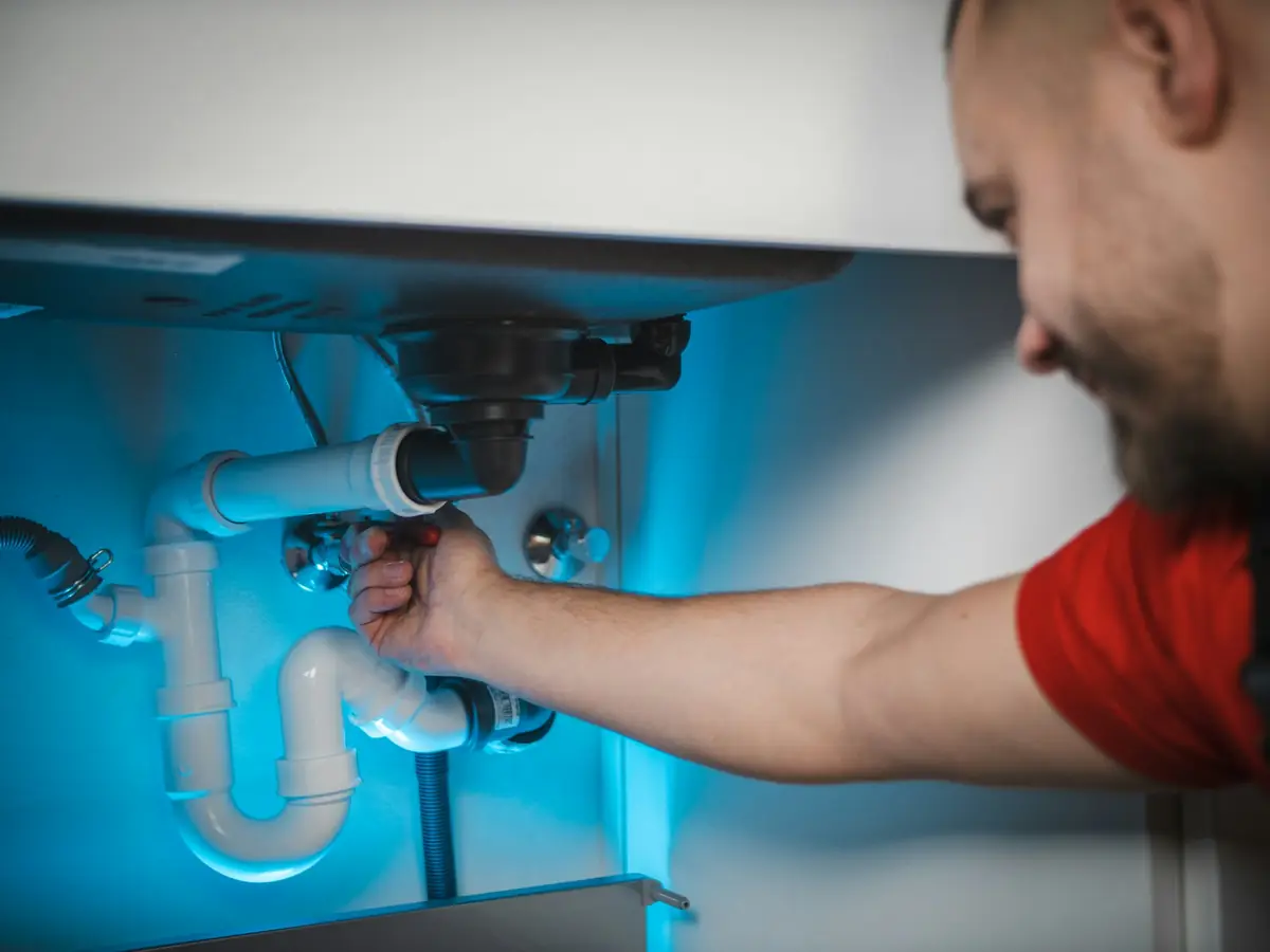 A plumber tightening a drain fitting under a bathroom sink